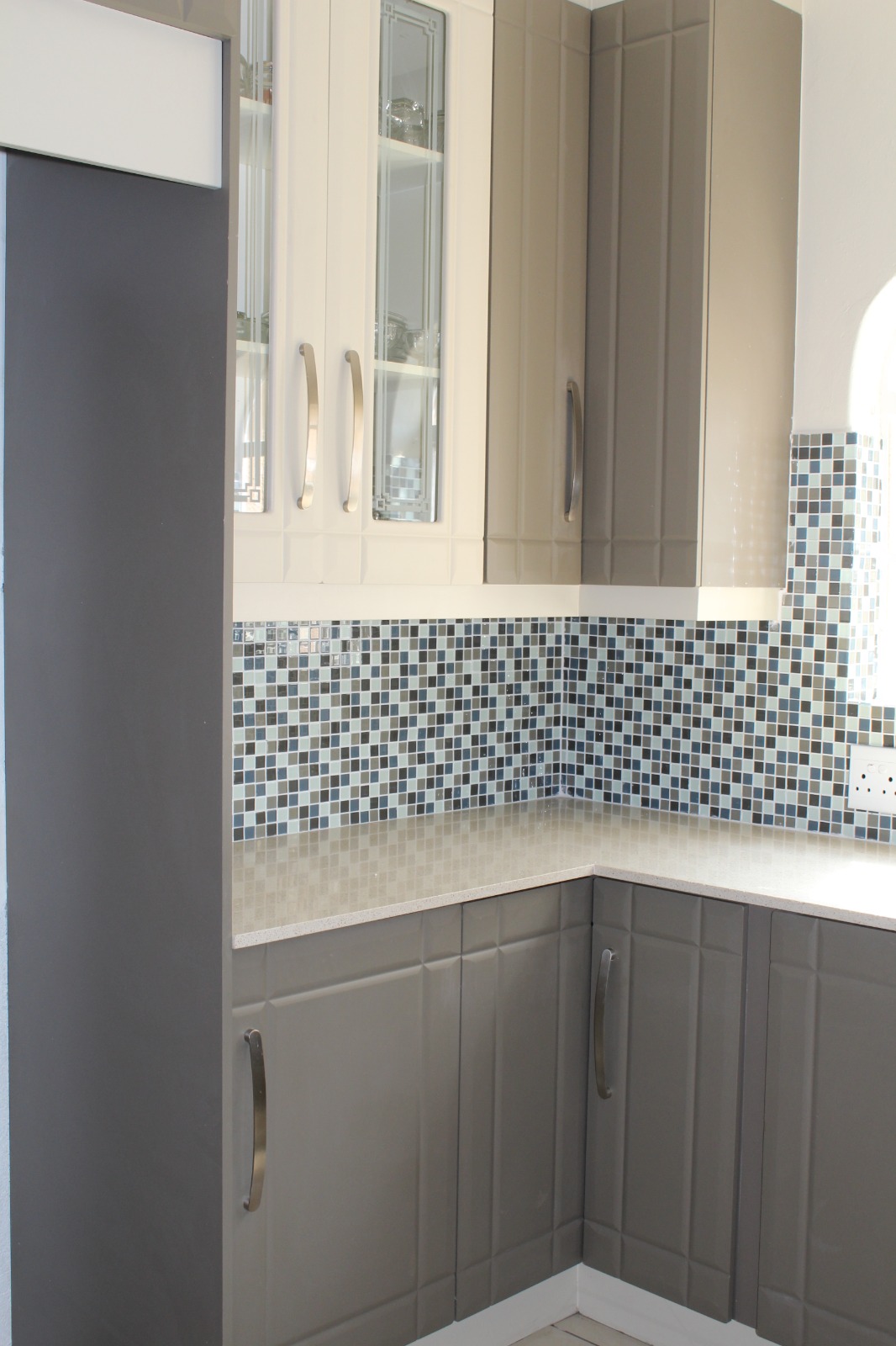 Corner kitchen units with glass display cabinets
